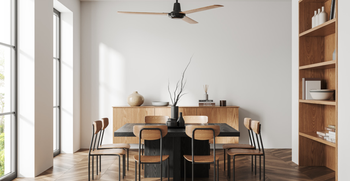 White home living room interior with dinner table and chairs, hardwood floor. Wooden sideboard with shelf, art decoration and panoramic window on tropics. 3D rendering